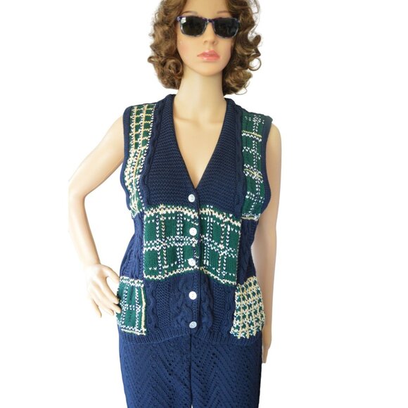 Vintage 90s Talbots Preppy Plaid Sweater Vest Navy Blue Green Womens Size Small - Picture 1 of 8